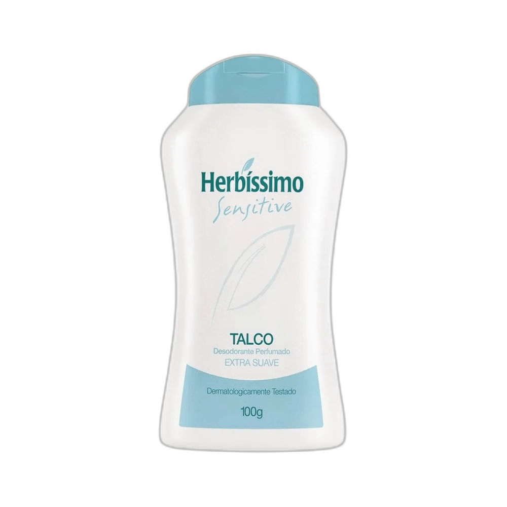 Talco Herbíssimo Sensitive embalagem branca com tampa azul clara